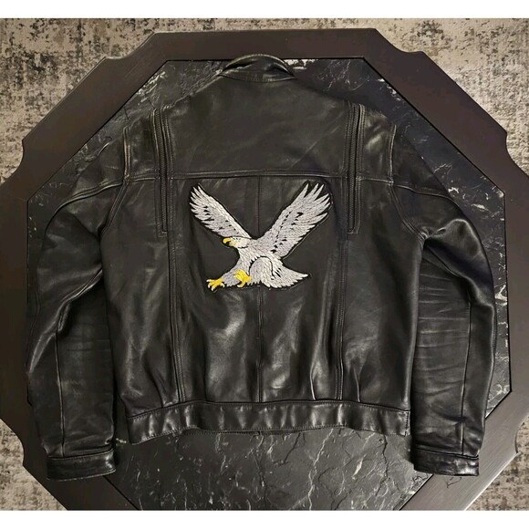 HEIN GERICKE Vtg Black Leather Jacket Mens S M 44 Motorcycle Biker Eagle Wolf - Picture 1 of 13